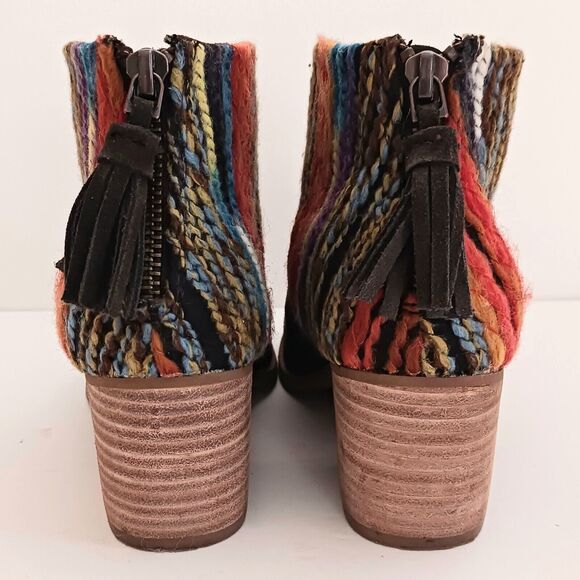 TOMS Leilia Brown Suede Ankle Boot Multicolor Woven Cuff  Block Heel Tassel Sz 7 - Picture 7 of 8